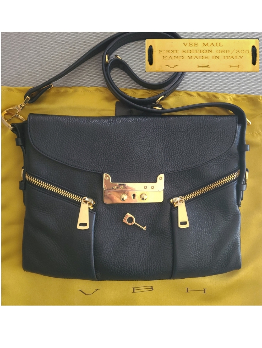 VBH Bag Signed Limited Edition Leather & GOLD "VEE MAIL" Bold Gold Black Handbag